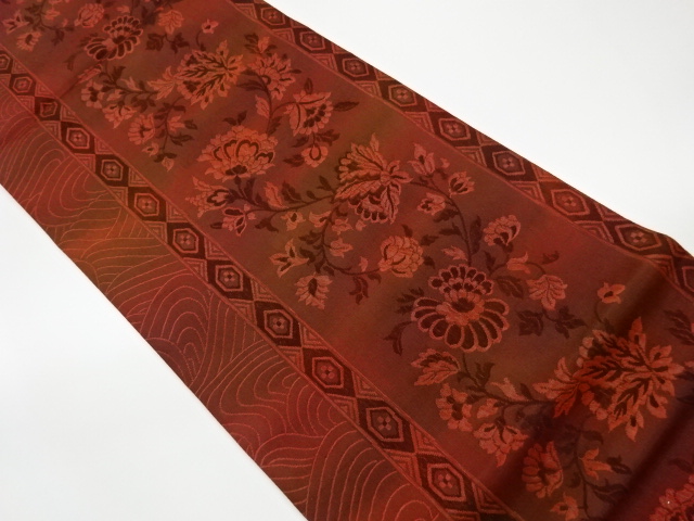 リサイクル　縞に花唐草・亀甲模様織出し全通洒落袋帯